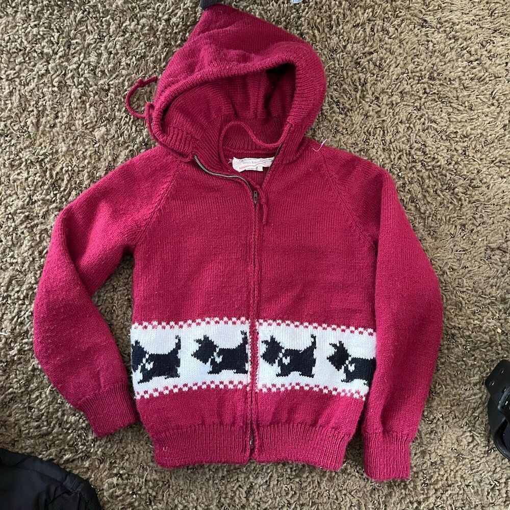 VTG 60s Handknit Double-Layer Scottie Dog Wool Hooded Jacket Kids 4/5T